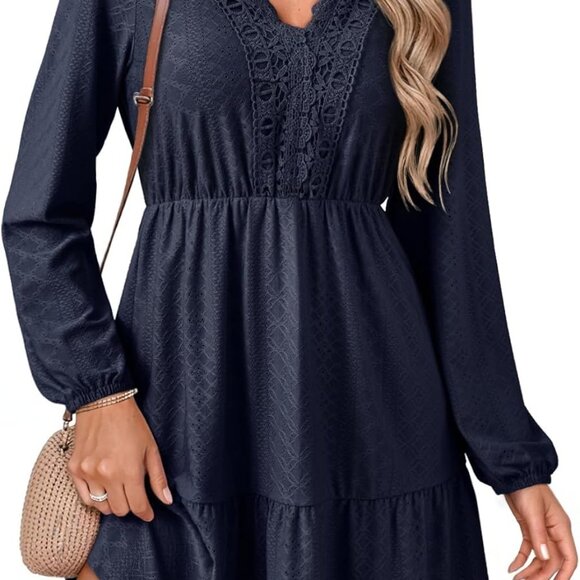 Fall Dresses for Women 2025 Elegant Lace Hollow Out Embroidered V Neck Long Slee - Picture 1 of 6